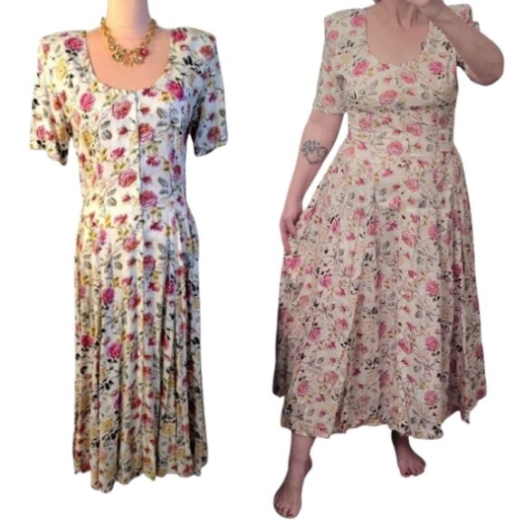 VTG 80s Cream Pink Floral Cottagecore Prarie Button Down Midi Dress Medium - Picture 1 of 16